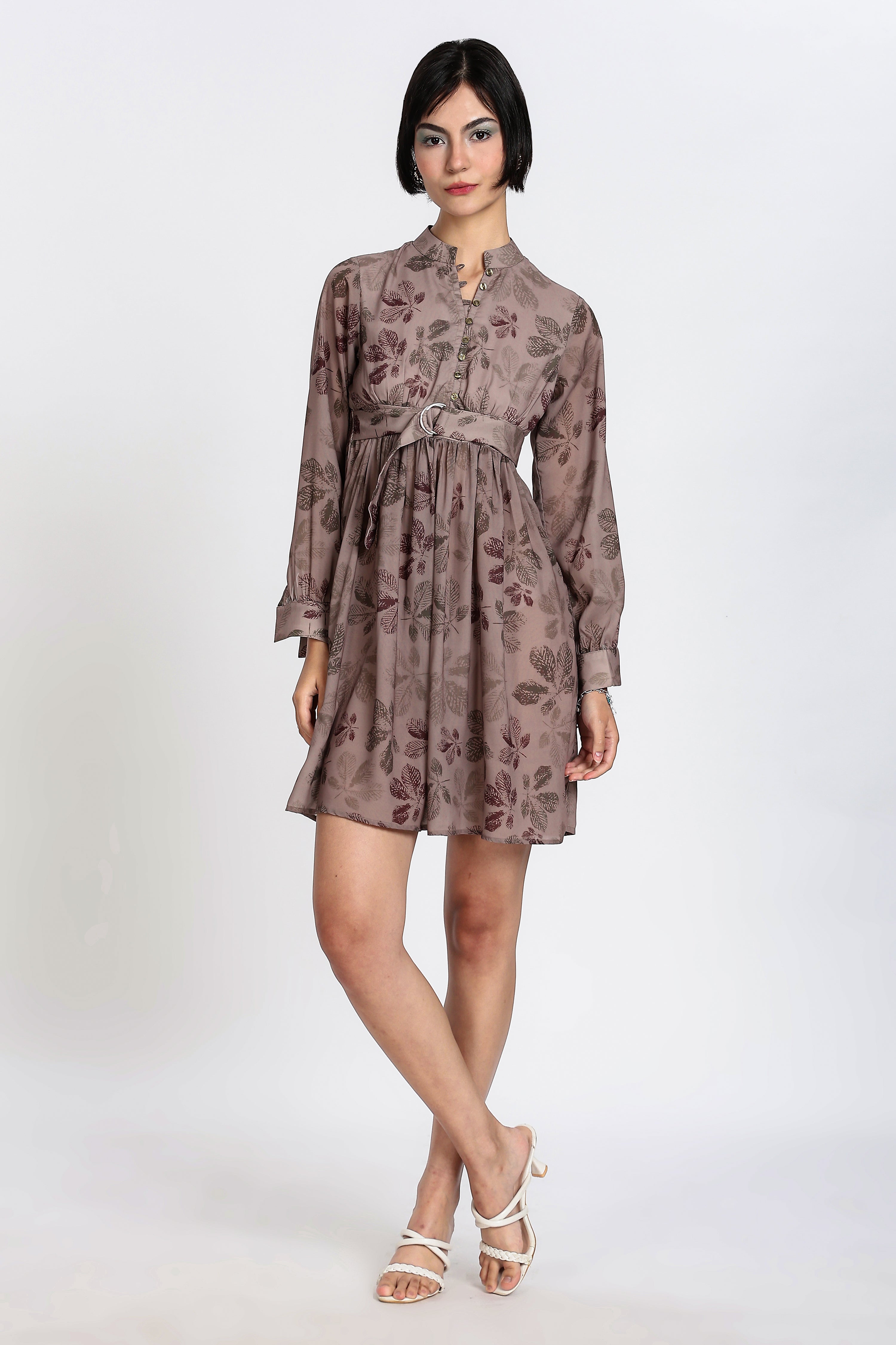 PRINTED MINI DRESS-BROWN