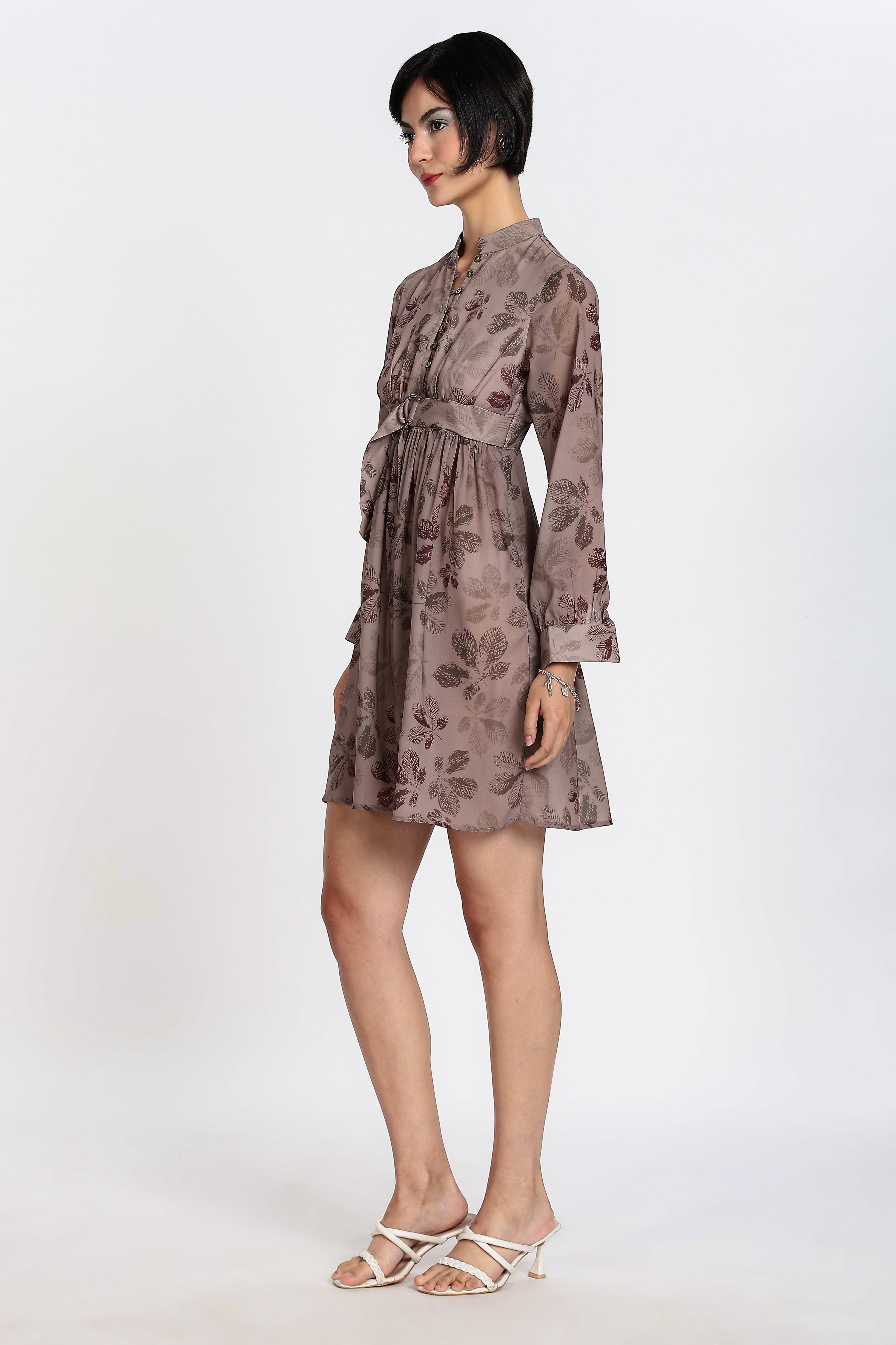 PRINTED MINI DRESS-BROWN