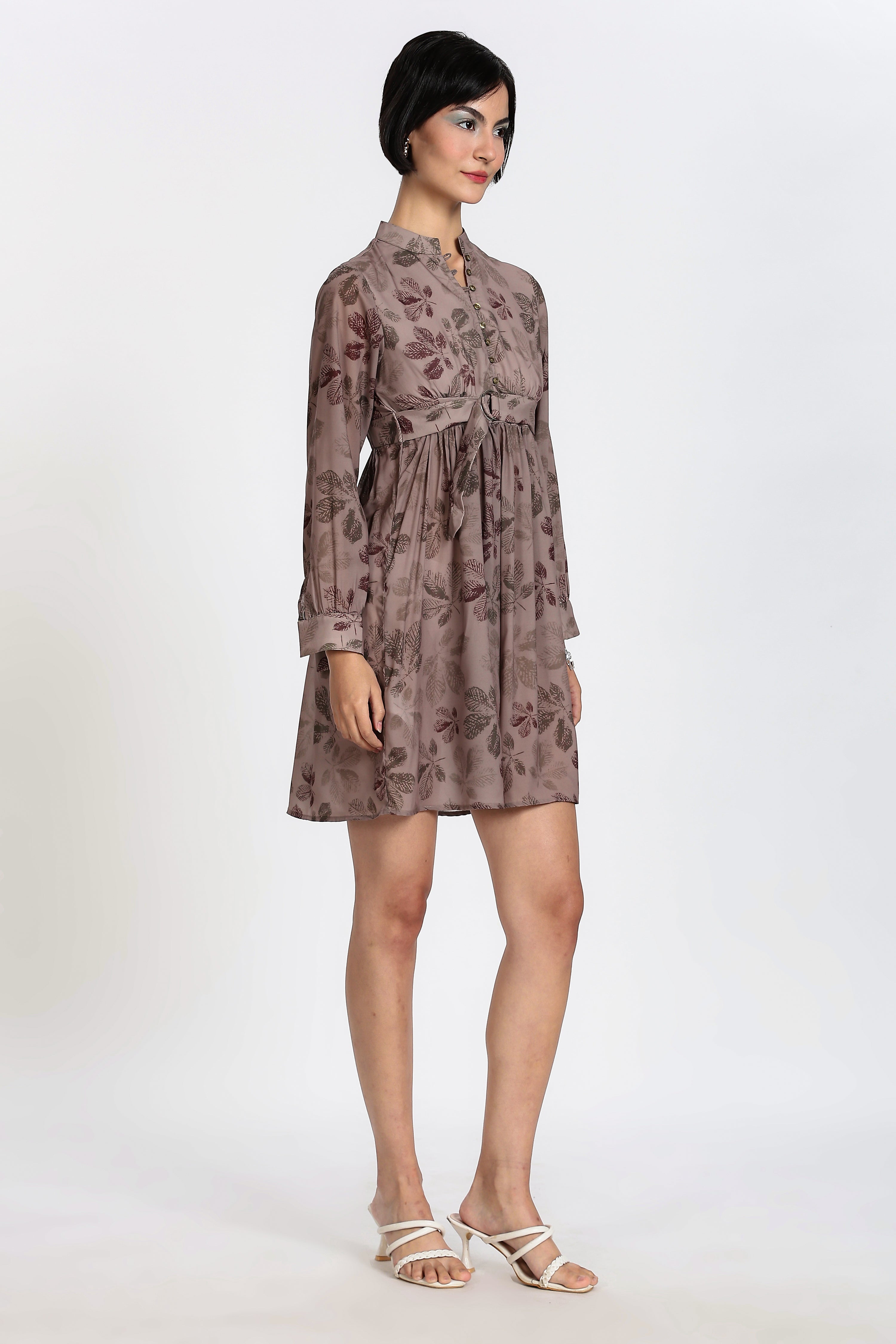 PRINTED MINI DRESS-BROWN