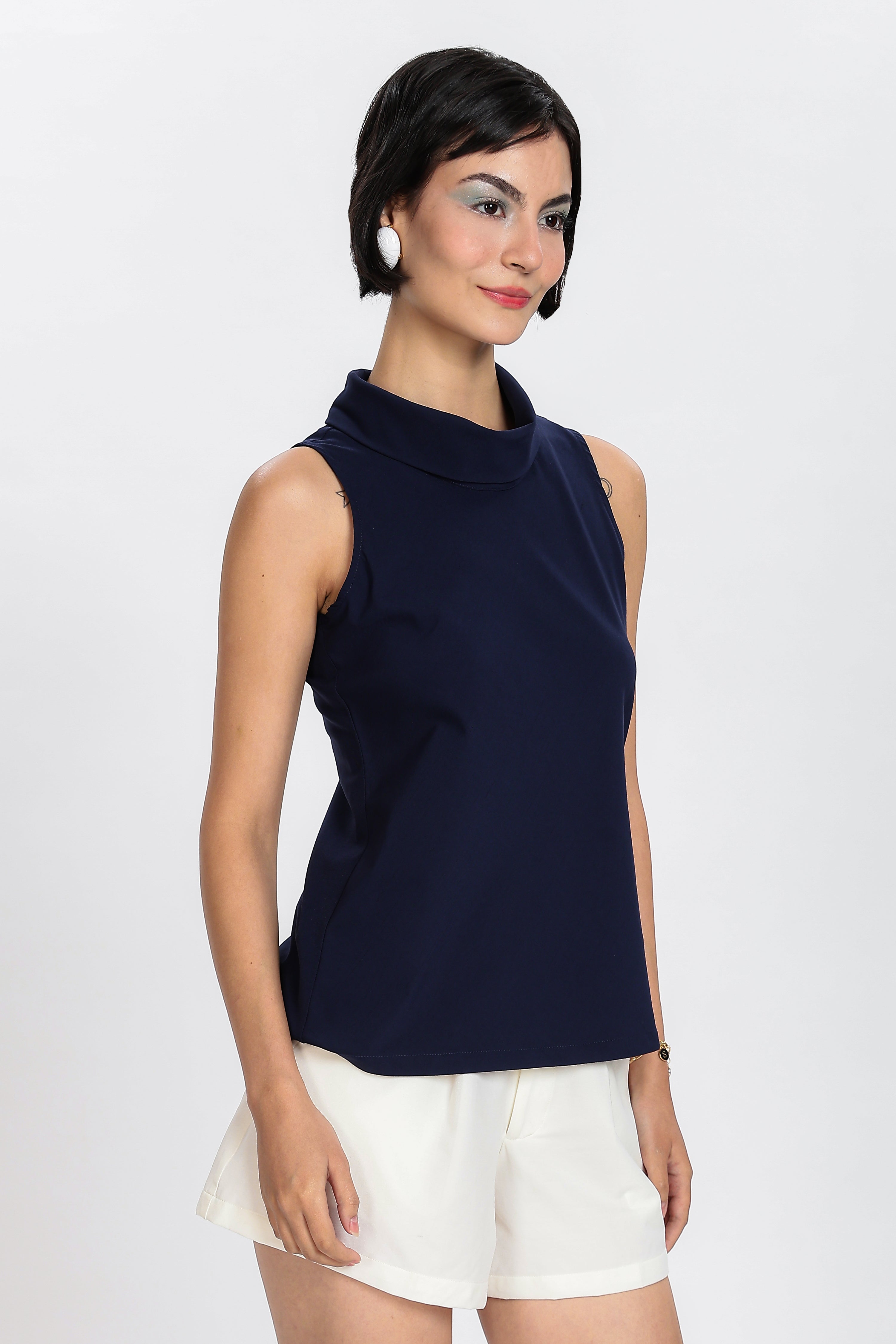 ELEGANT HIGH NECK TOP-NAVY BLUE