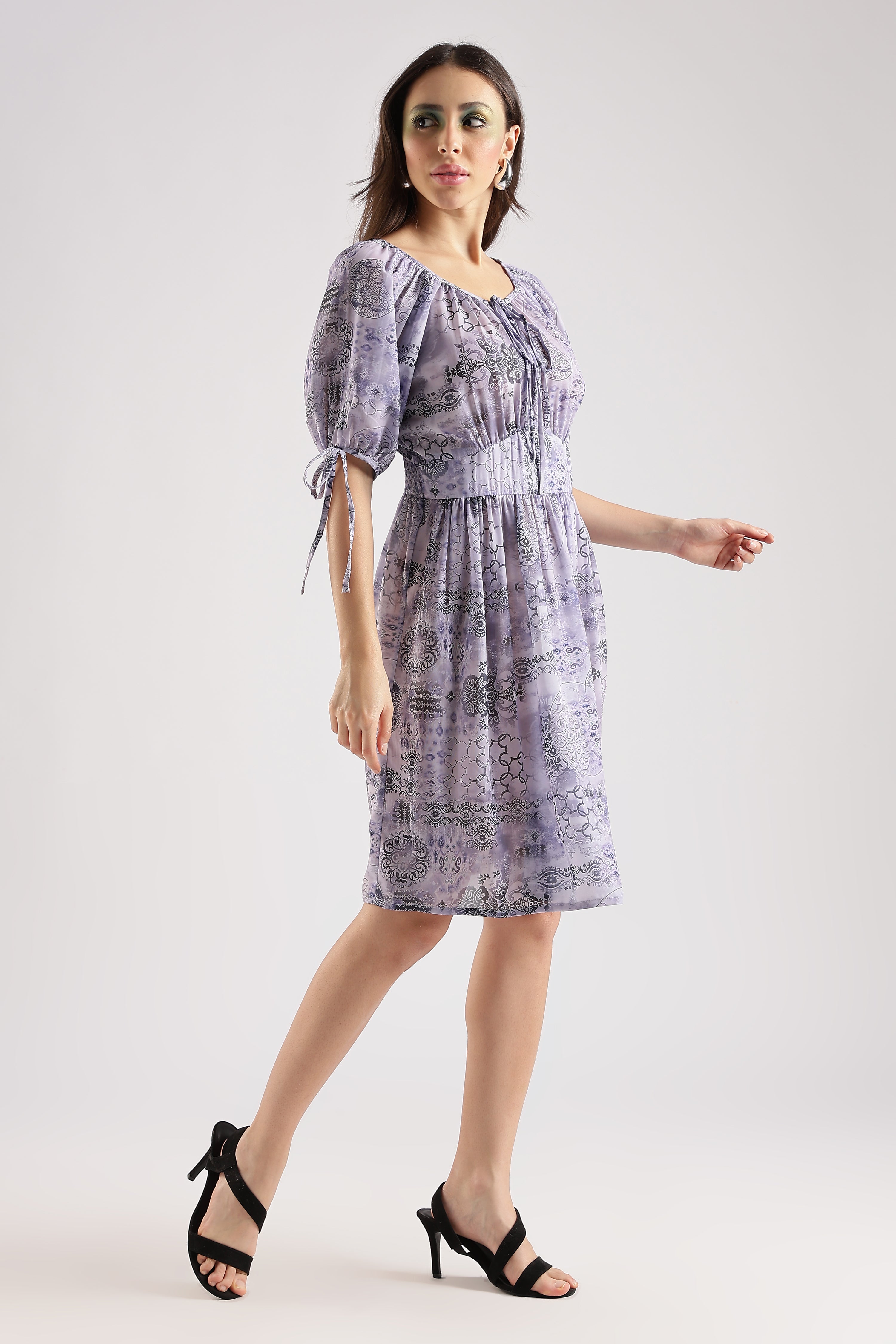 PRINTED MIDI DRESS-PURPLE