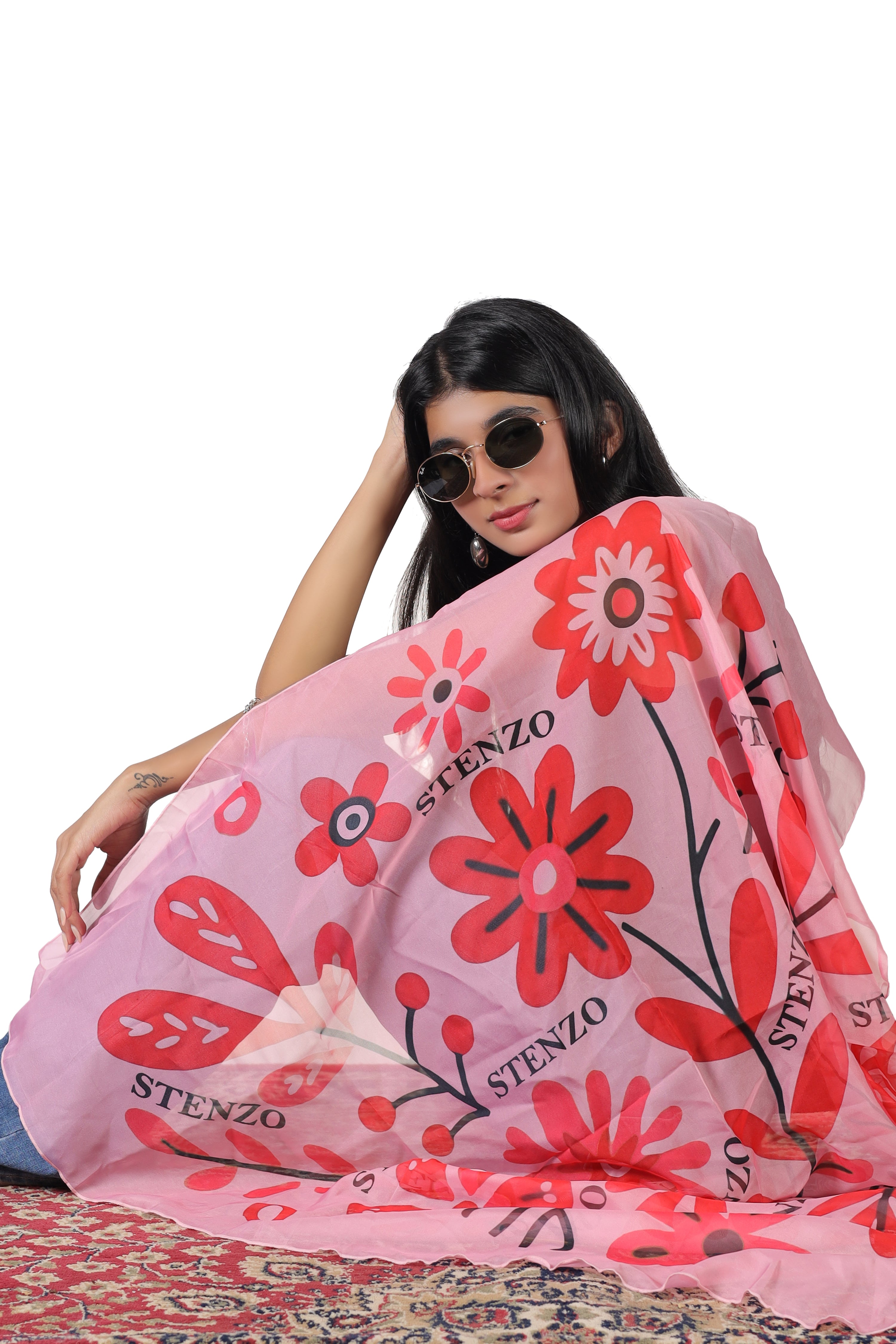 RED FLOWER PRINTED SCARF