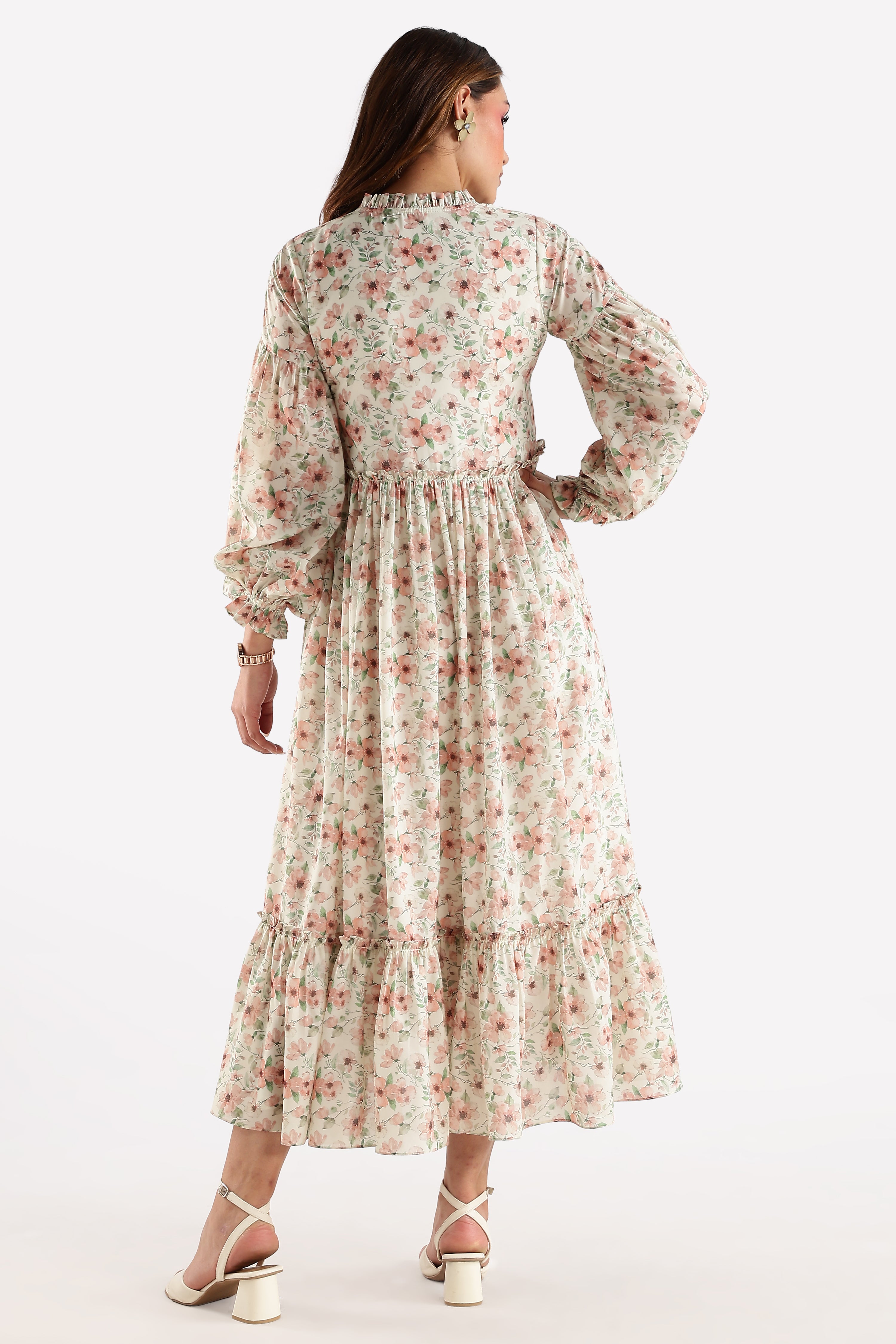 RUFFLE PRINTED DRESS-CREAM