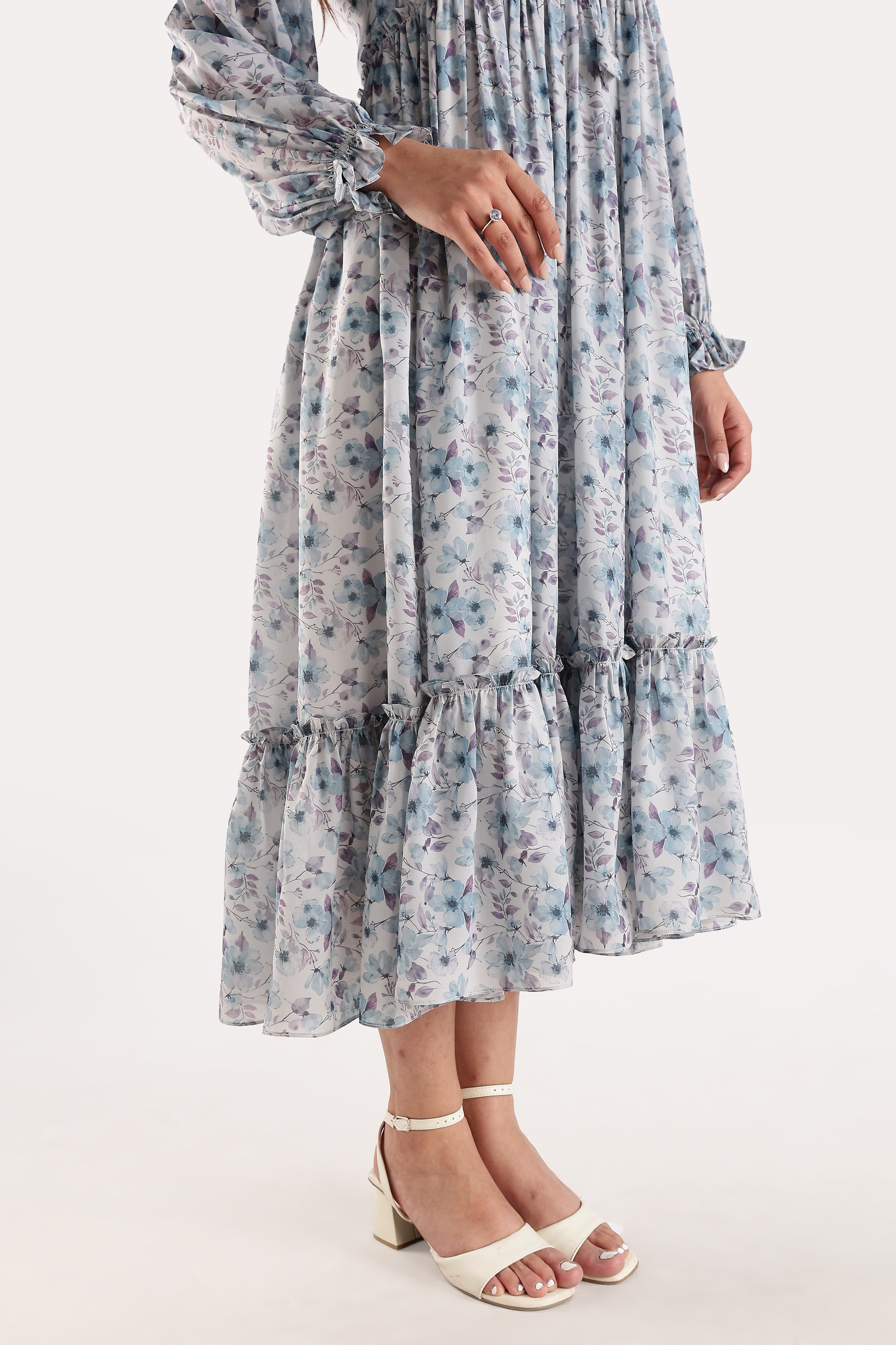 RUFFLE PRINTED DRESS-BLUE