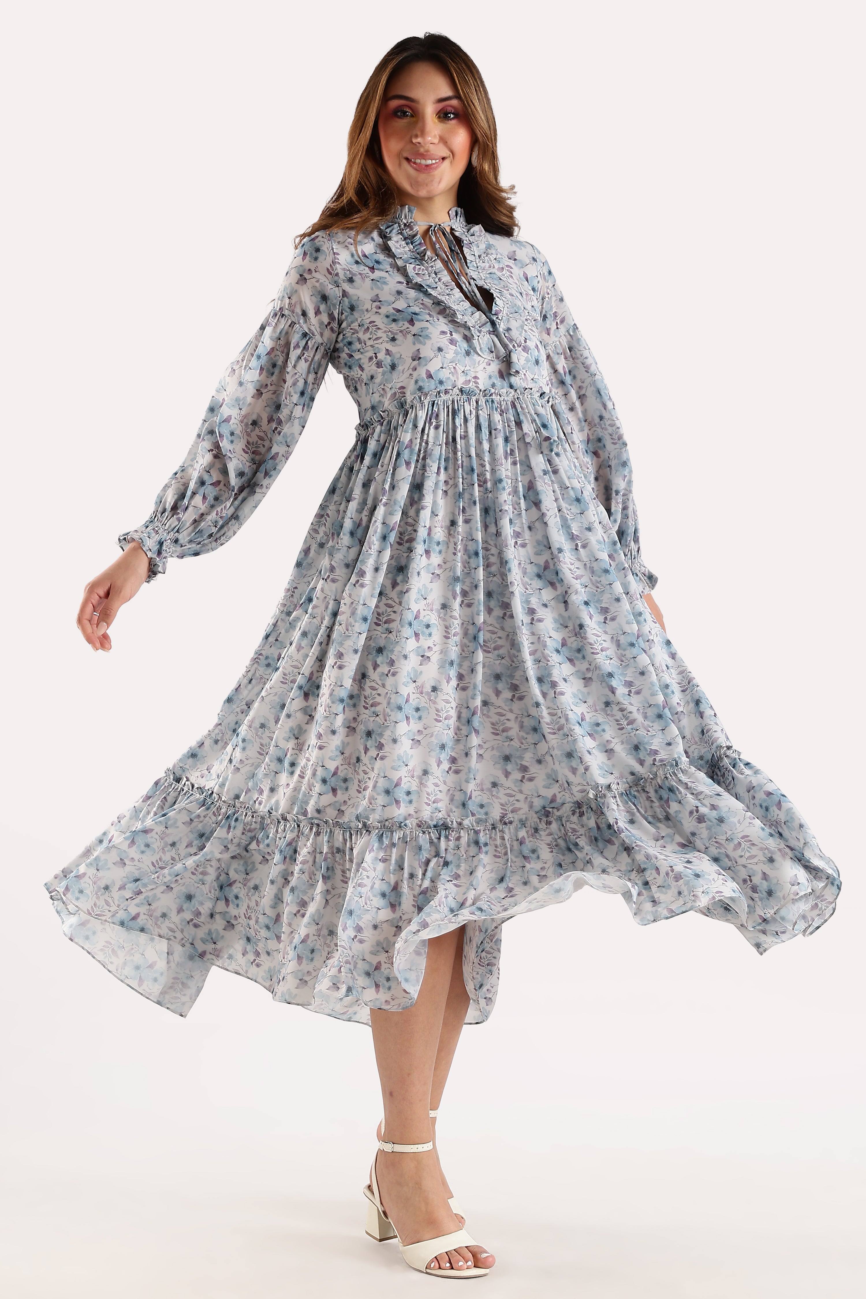 RUFFLE PRINTED DRESS-BLUE