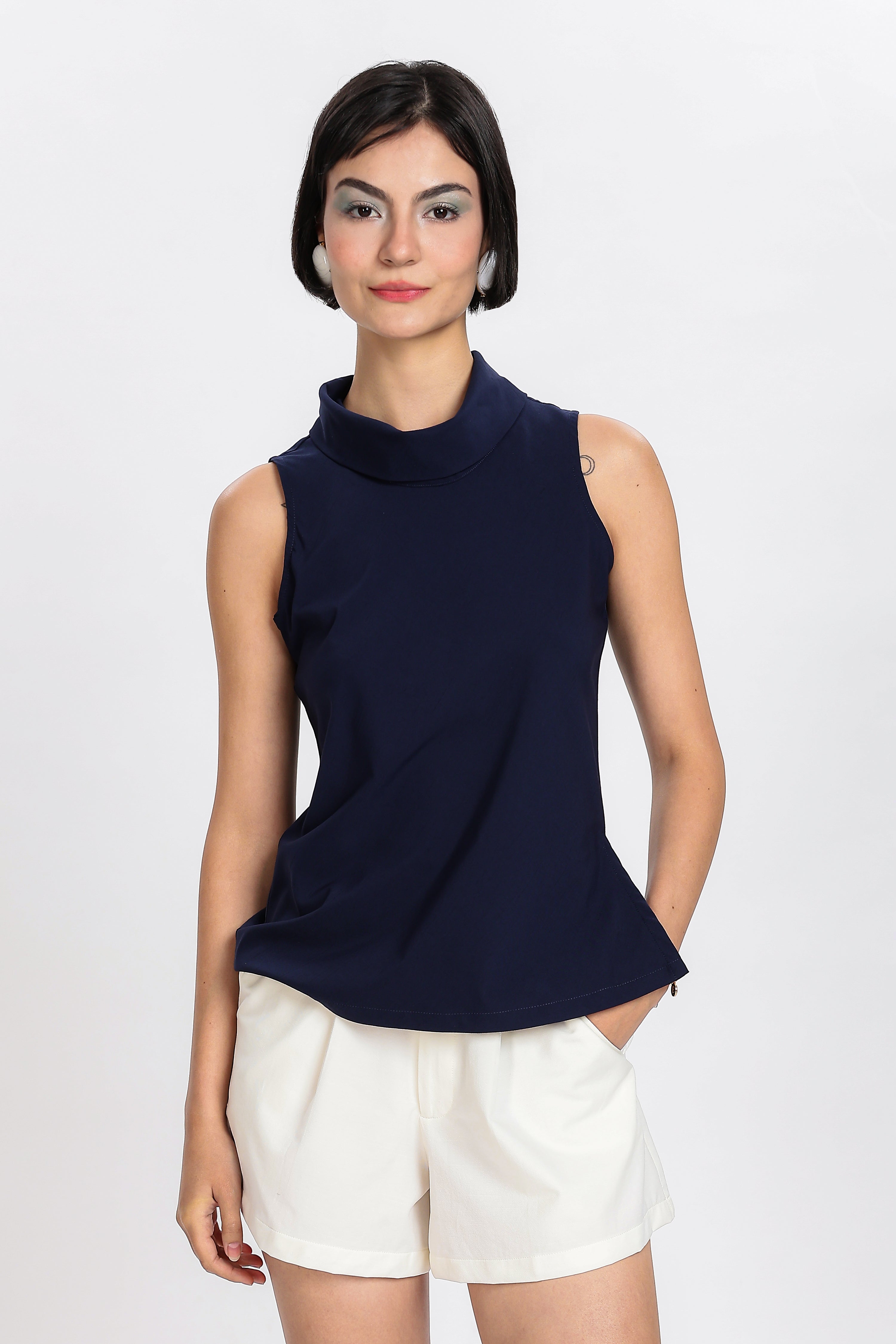 ELEGANT HIGH NECK TOP-NAVY BLUE