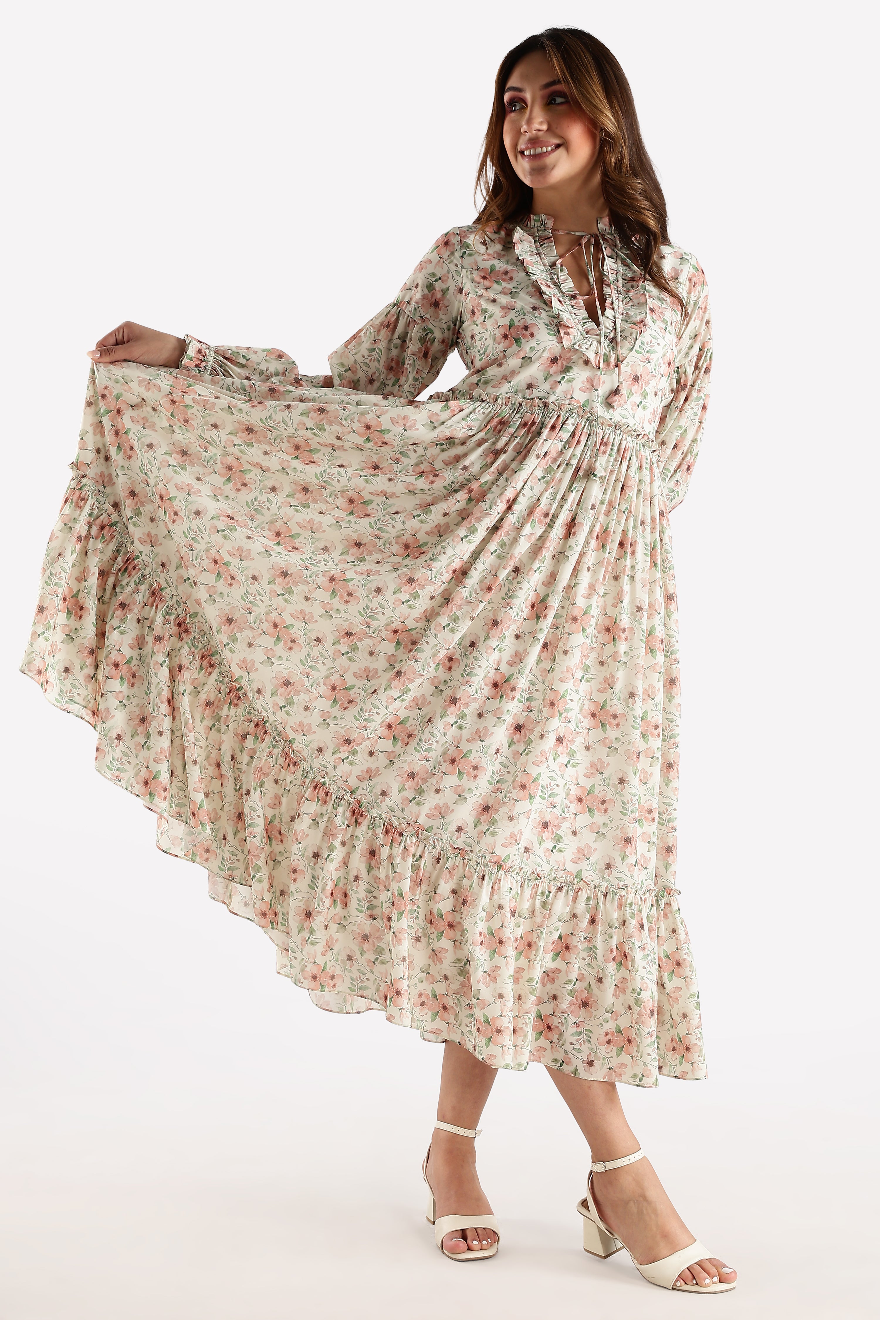 RUFFLE PRINTED DRESS-CREAM