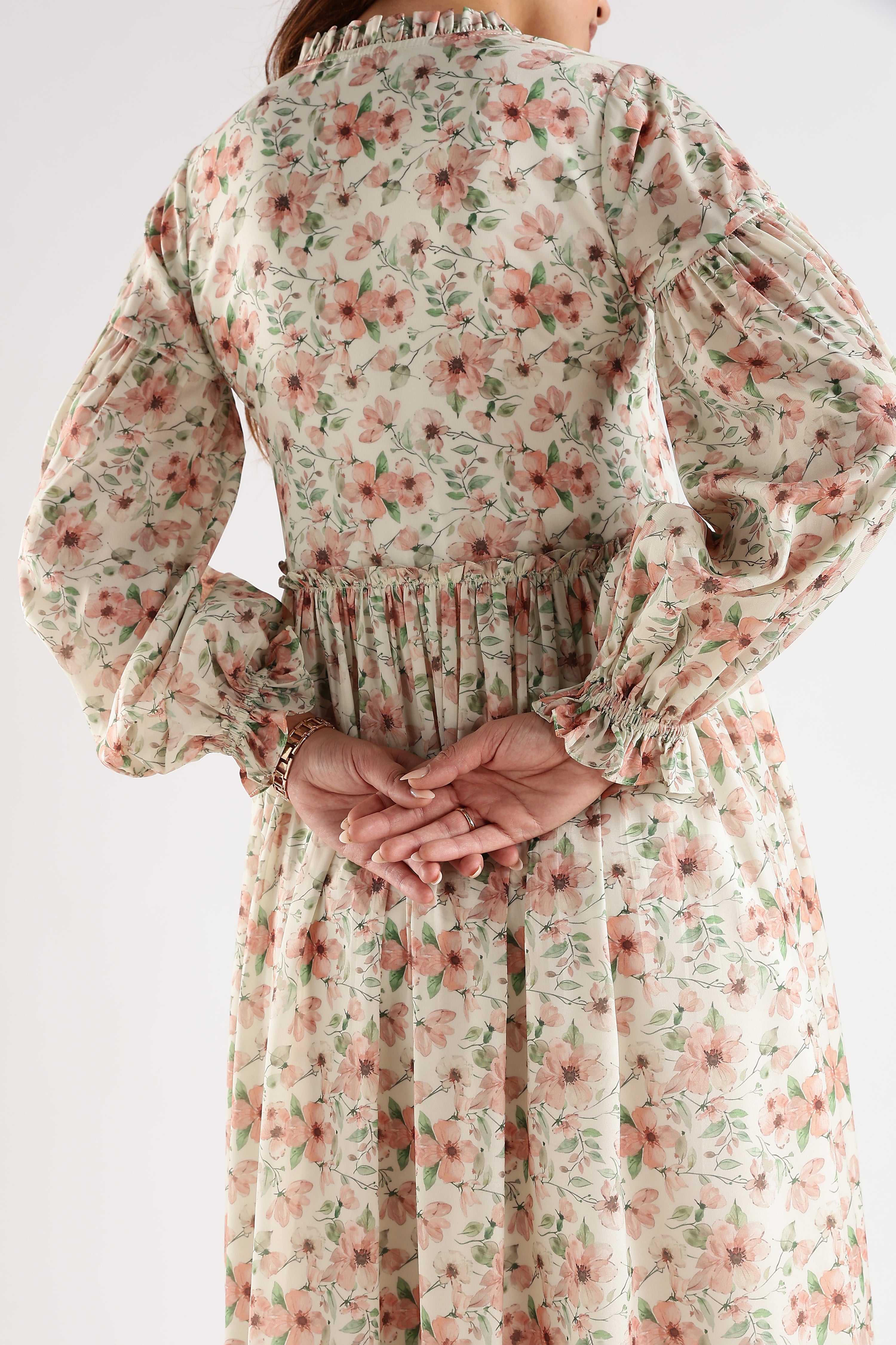 RUFFLE PRINTED DRESS-CREAM